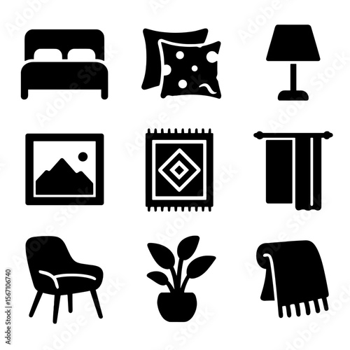 Stylish Bedroom Decor Icons. Solid, filled icons set of upgrading your bedroom with stylish decor: bed frame,