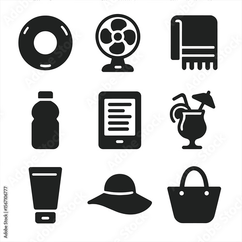 Summer Essentials Icons. Solid, filled icons set of summer relaxation accessories: inflatable ring, cooling