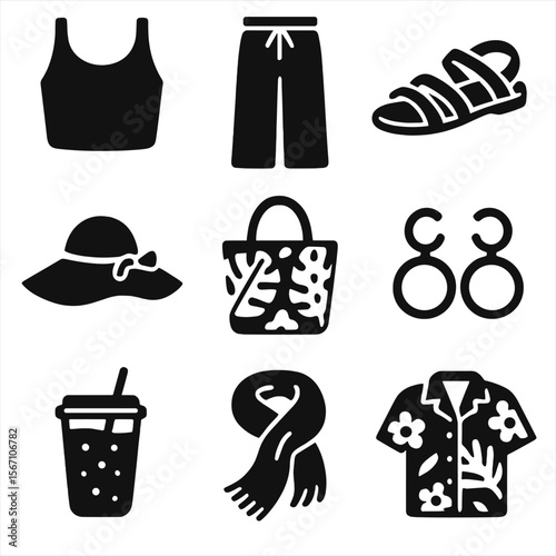 Summer Fashion Icons. Solid, filled icons set of summer fashion-forward outfits: crop top, linen pants,