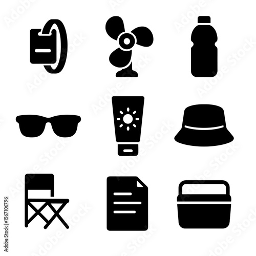Summer Festival Icons. Solid, filled icons set of summer music festival gear: wristband pass, portable fan,
