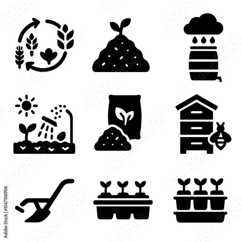 Sustainable Agriculture Icons. Solid, filled icons set of sustainable agriculture and food production ideas:
