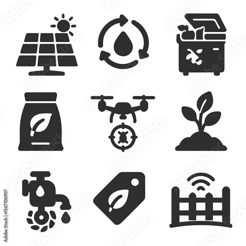 Sustainable Agriculture Icons. Solid, filled icons set of sustainable agriculture technology: solar panel,