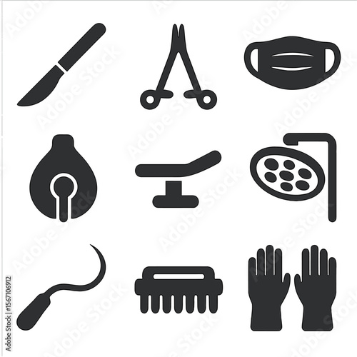 Surgical Instruments Icons. Solid, filled icons set of surgical instruments and procedures: scalpel, forceps,