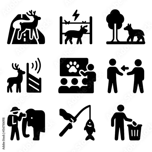 Sustainable Coexistence Icons. Solid, filled icons set of sustainable human-wildlife coexistence: wildlife