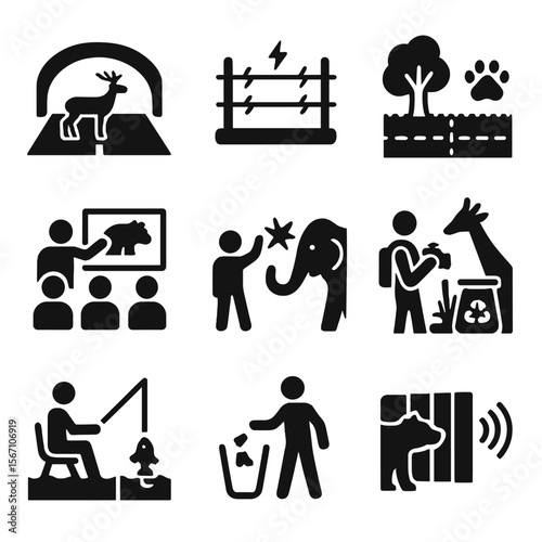 Sustainable Coexistence Icons. Solid, filled icons set of sustainable human-wildlife coexistence: wildlife