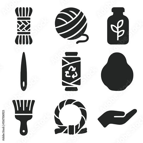 Sustainable Craft Icons. Solid, filled icons set of handmade sustainable crafts: macrame cord, wool ball,