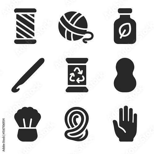 Sustainable Craft Icons. Solid, filled icons set of handmade sustainable crafts: macrame cord, wool ball,