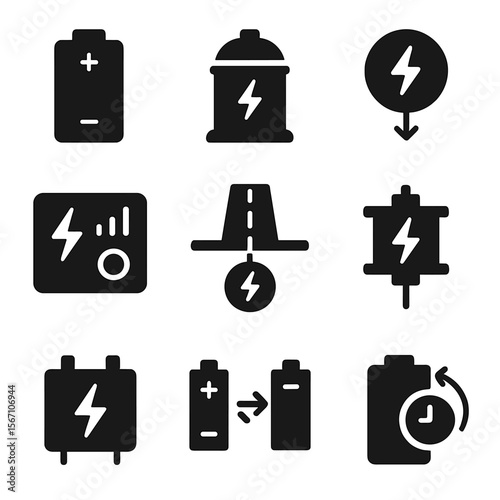 Sustainable Energy Icons. Solid, filled icons set of sustainable road energy storage: battery cell, power
