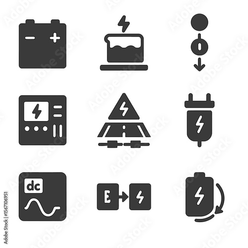 Sustainable Energy Icons. Solid, filled icons set of sustainable road energy storage: battery cell, power