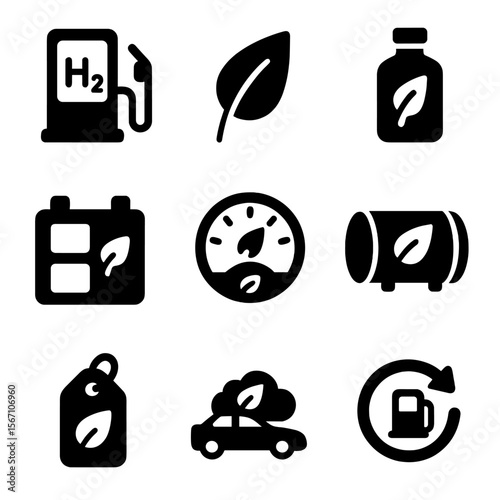 Sustainable Energy Icons. Solid, filled icons set of sustainable fuel and technology: hydrogen fuel pump,