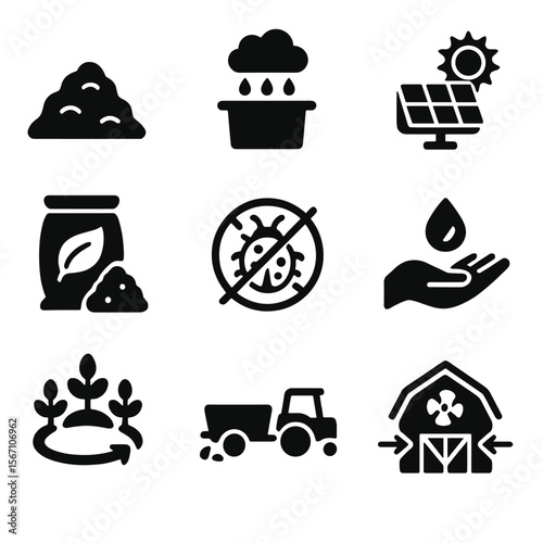 Sustainable Farming Icons. Solid, filled icons set of sustainable poultry farming: compost pile, rainwater