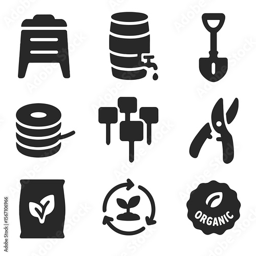 Sustainable Farming Icons. Solid, filled icons set of sustainable farming tools: compost bin, rain barrel,