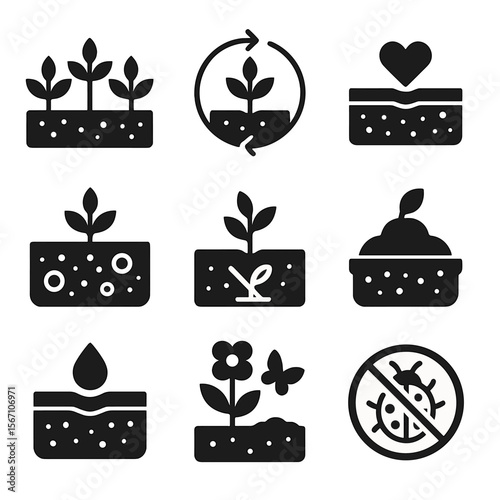 Sustainable Farming Icons. Solid, filled icons set of sustainable farming practices: cover crops, crop