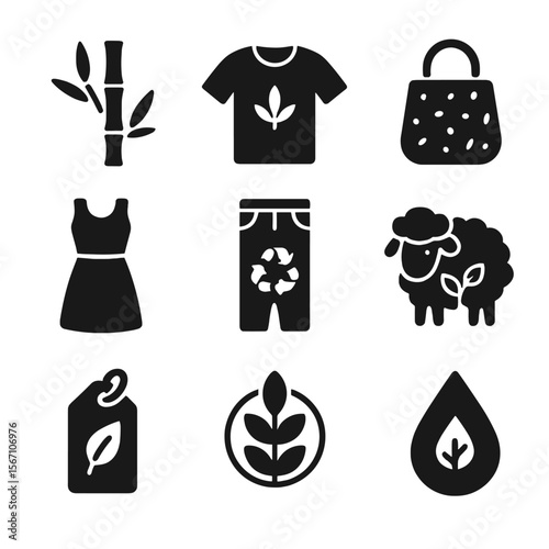 Sustainable Fashion Icons. Solid, filled icons set of sustainable materials in fashion: bamboo fabric, hemp