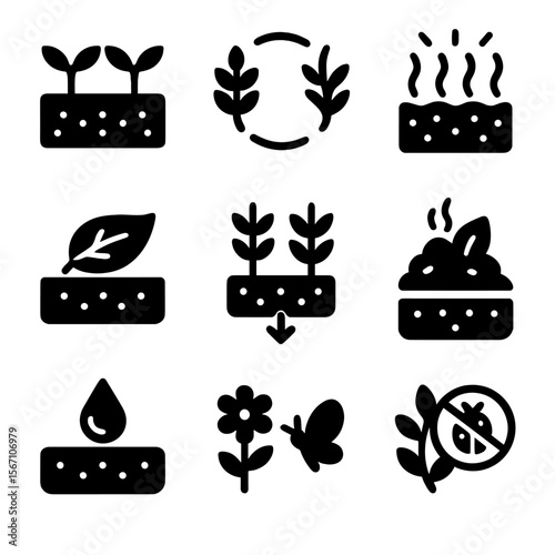 Sustainable Farming Icons. Solid, filled icons set of sustainable farming practices: cover crops, crop