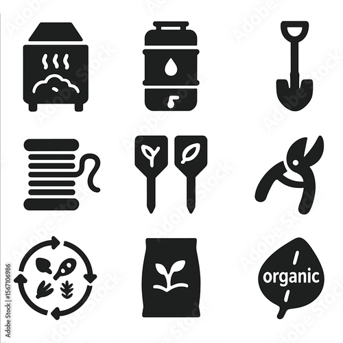 Sustainable Farming Icons. Solid, filled icons set of sustainable farming tools: compost bin, rain barrel,