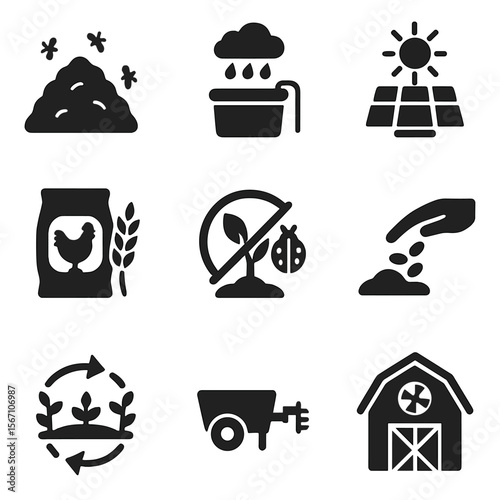 Sustainable Farming Icons. Solid, filled icons set of sustainable poultry farming: compost pile, rainwater