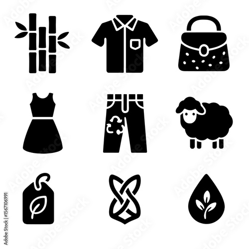 Sustainable Fashion Icons. Solid, filled icons set of sustainable materials in fashion: bamboo fabric, hemp