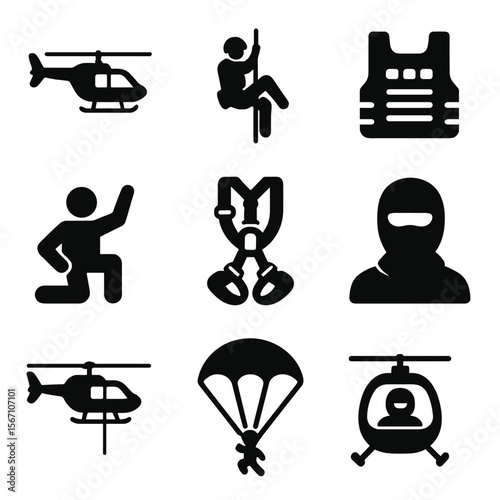 Tactical Rescue Icons. Solid, filled icons set of tactical rescue operations by air: SWAT chopper, fast rope,