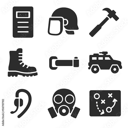 Tactical Gear Icons. Solid, filled icons set of tactical response units: SWAT shield, riot helmet, breaching