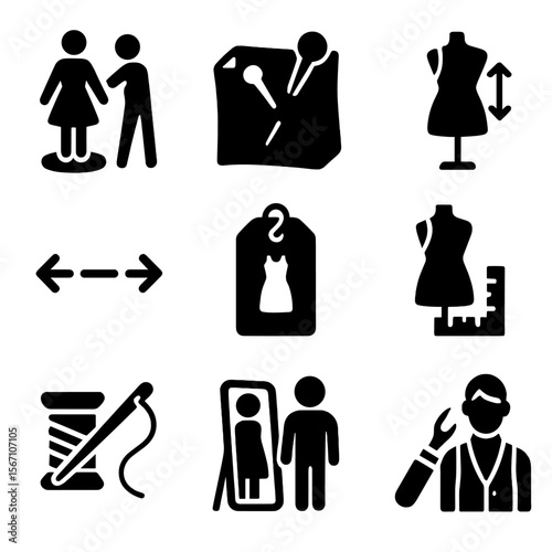 Tailoring Icon Set. Solid, filled icons set of costume fitting and adjustment: fitting icon, pinned fabric,