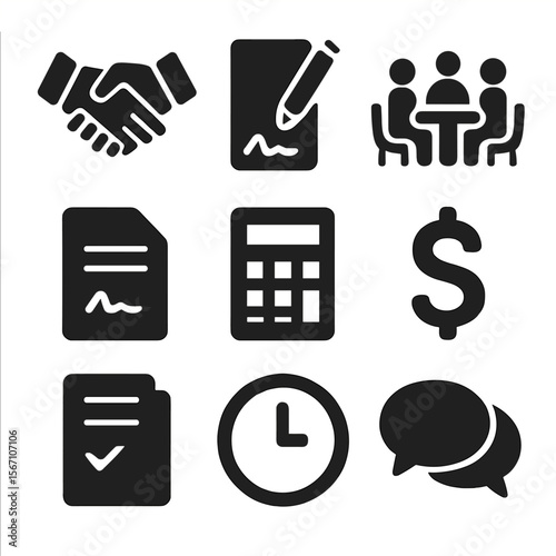 Tariff Negotiations Icons. Solid, filled icons set of tariff negotiations: handshake, document signing,