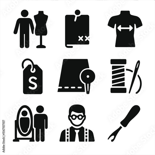 Tailoring Icon Set. Solid, filled icons set of costume fitting and adjustment: fitting icon, pinned fabric,