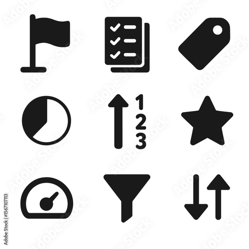 Task Management Icons. Solid, filled icons set of task prioritization and sorting: priority flag, task stack,