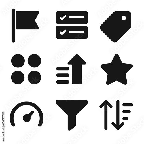 Task Management Icons. Solid, filled icons set of task prioritization and sorting: priority flag, task stack,