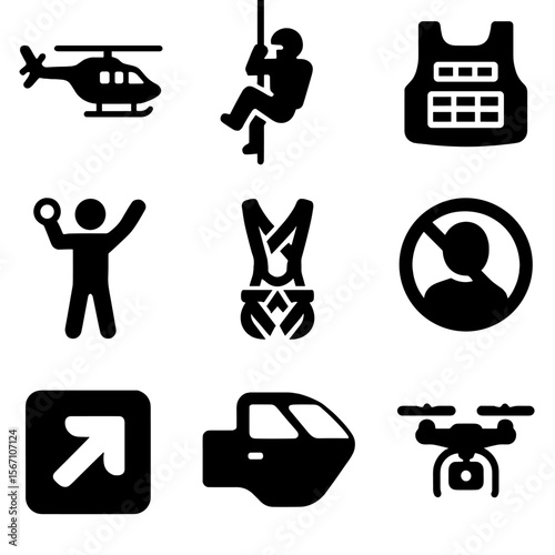 Tactical Rescue Icons. Solid, filled icons set of tactical rescue operations by air: SWAT chopper, fast rope,