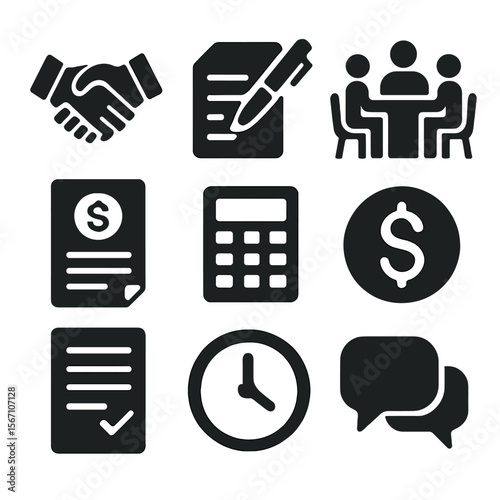 Tariff Negotiations Icons. Solid, filled icons set of tariff negotiations: handshake, document signing,