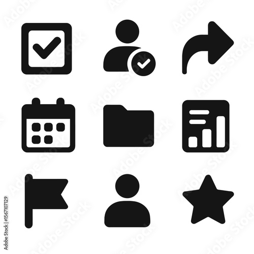 Task Tracking Icons. Solid, filled icons set of task and action item tracking: checkbox, action icon,