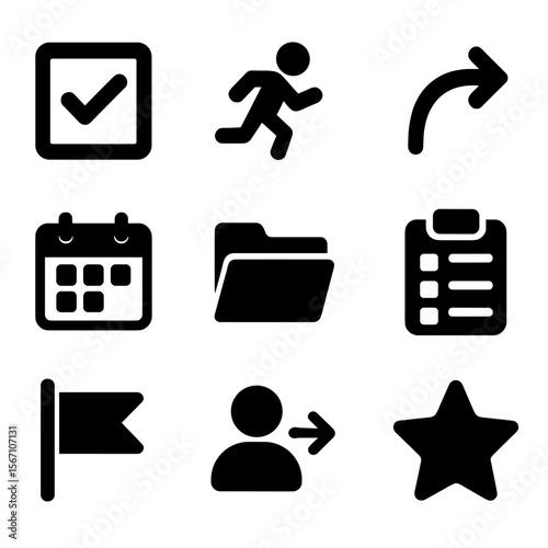 Task Tracking Icons. Solid, filled icons set of task and action item tracking: checkbox, action icon,