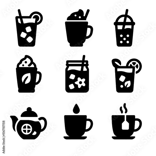 Tea Icon Collection. Solid, filled icons set of tea drinks: iced tea, chai latte, bubble tea, green tea latte,