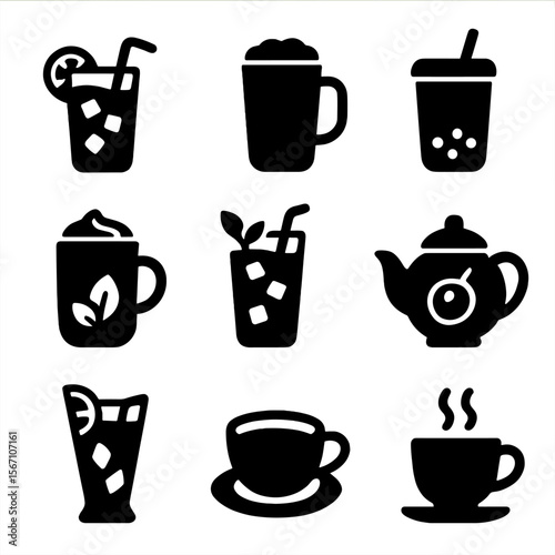 Tea Icon Collection. Solid, filled icons set of tea drinks: iced tea, chai latte, bubble tea, green tea latte,