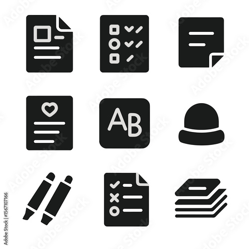 Teacher's Desk Icons. Solid, filled icons set of teacher’s desk with notes: lesson plan, attendance pad,