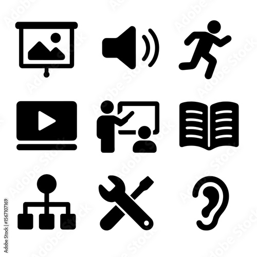 Teaching Strategies Icons. Solid, filled icons set of multi-modal teaching strategies: visual slide, audio