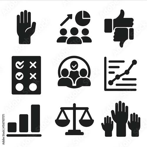 Team Decision Icons Grid. Solid, filled icons set of team decision-making: voting hand, group chart, thumbs up