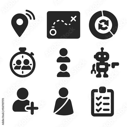 Team Coordination Icons. Solid, filled icons set of team coordination drills: ping system, callout map,