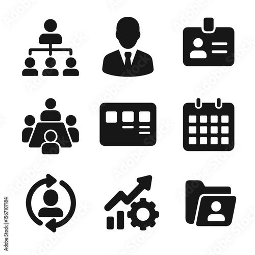 Team Management Icons. Solid, filled icons set of team management solutions: team chart, manager icon,