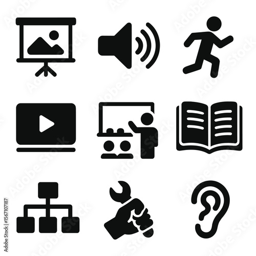 Teaching Strategies Icons. Solid, filled icons set of multi-modal teaching strategies: visual slide, audio