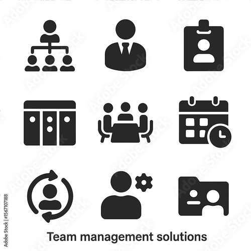Team Management Icons. Solid, filled icons set of team management solutions: team chart, manager icon,