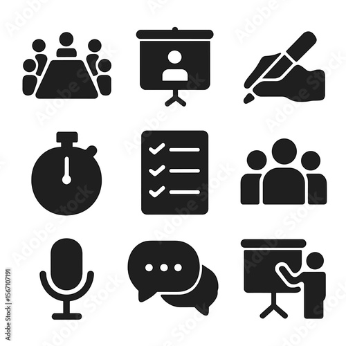 Team Meeting Icons. Solid, filled icons set of team meetings and briefings: conference table, projector screen