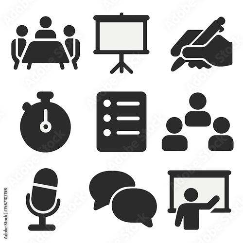 Team Meeting Icons. Solid, filled icons set of team meetings and briefings: conference table, projector screen