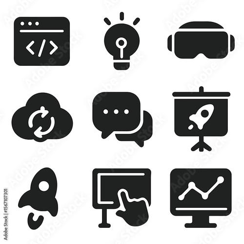 Tech Startup Icons. Solid, filled icons set of tech startup environment: code window, innovation lightbulb, VR