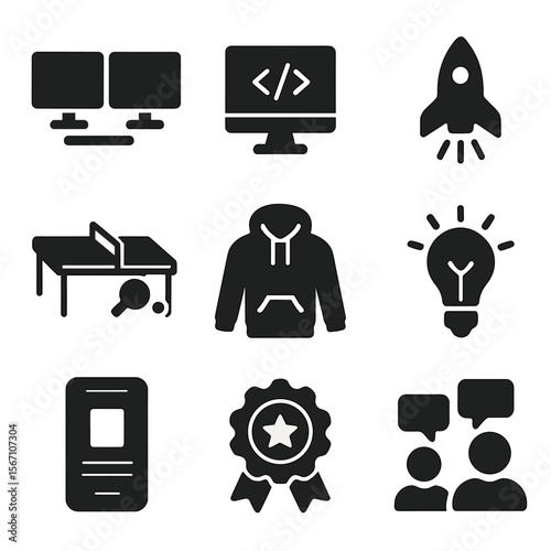 Tech Startup Icons. Solid, filled icons set of tech startup offices: dual monitors, code screen, launch rocket