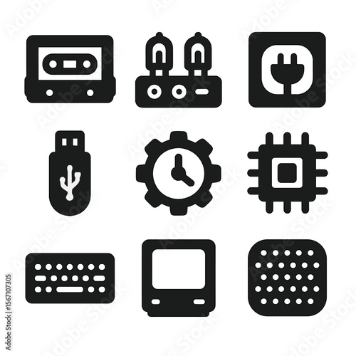 Tech Room Icons. Solid, filled icons set of tech-themed room design: neon cassette, tube amplifier, plug decor