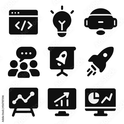 Tech Startup Icons. Solid, filled icons set of tech startup environment: code window, innovation lightbulb, VR