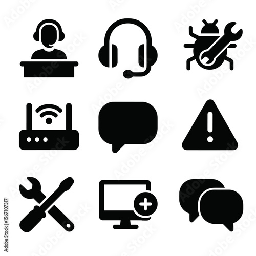 Technical Support Icons. Solid, filled icons set of technical support during exams: help desk, headset icon,