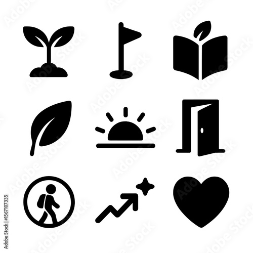Teen Growth Icons. Solid, filled icons set of teen growth and change: growth plant, milestone icon, new
